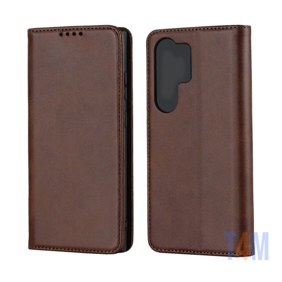 Leather Flip Cover with Internal Pocket For Samsung Galaxy S23 Ultra Brown